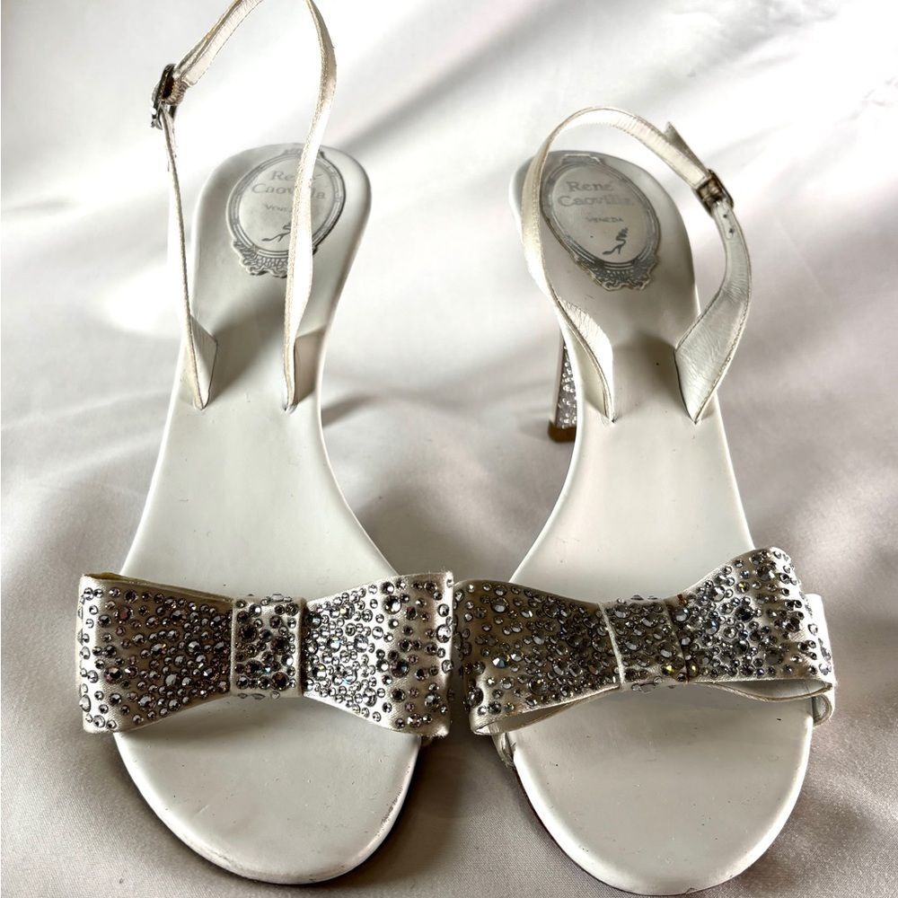 Rene Caovilla Crystal Bow Satin White Heels Bridal Evening Sandals - Picture 2 of 12